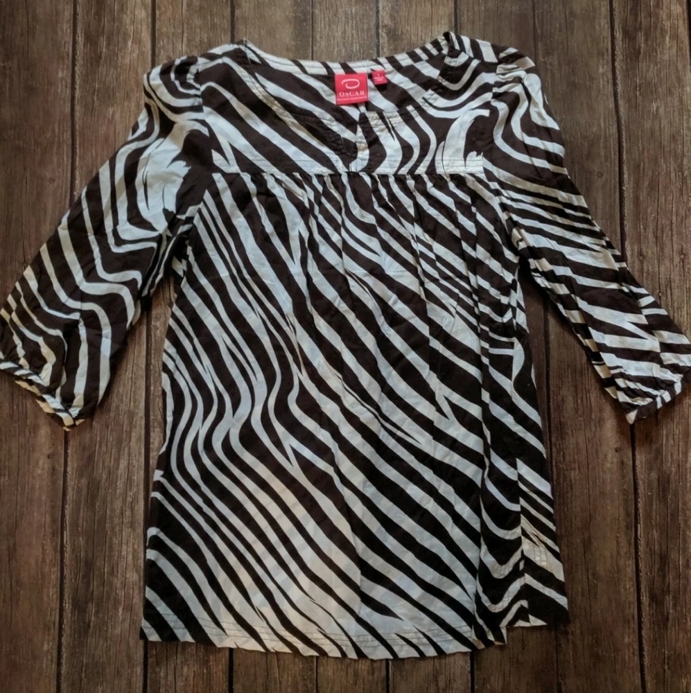Oscar De La Renta 6 Brown White Zebra Stripe Blous